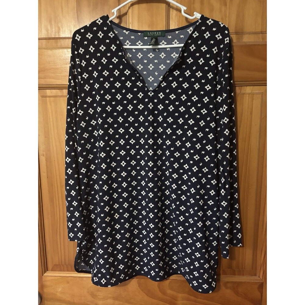 Lauren Ralph Lauren Tunic Top Navy Blue White Keyhole Neckline Blouse Size XL